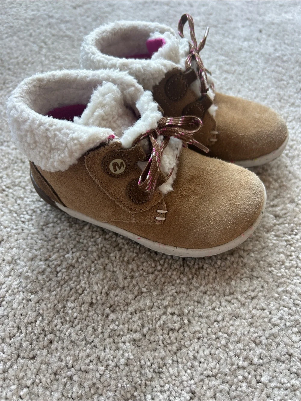 Merrell Brown Faux-Suede Kids Boots with Pink-Trim Laces